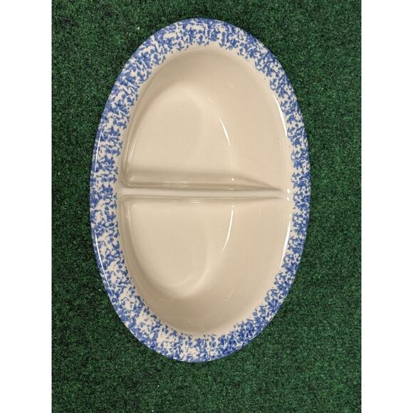 Gerald Henn Workshops Spongeware Oval Divided Dish BLUE Stoneware Roseville - Picture 2 of 8